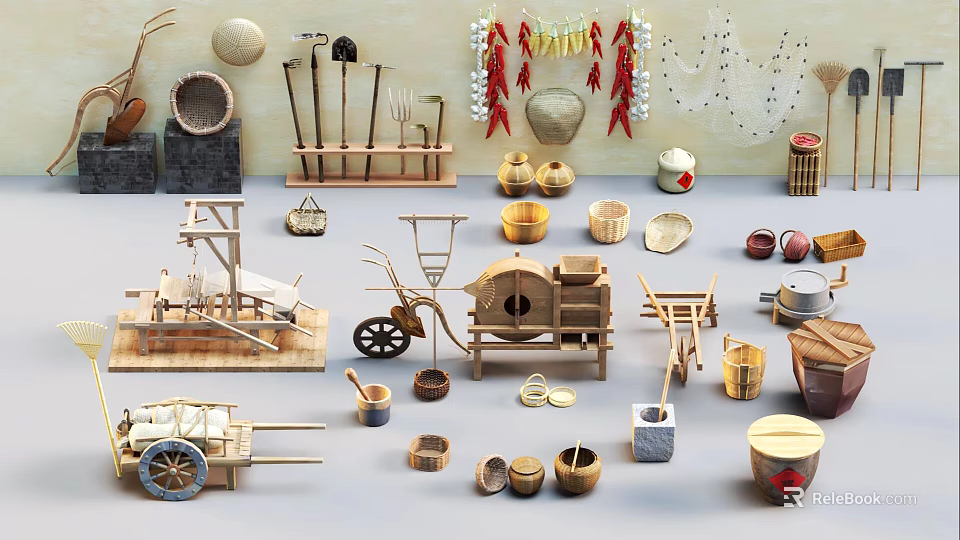Traditional Agricultural Equipment Display With Plows Carts Baskets And Wooden Farm Tools 3d model 