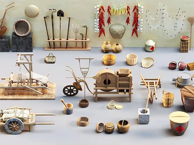 Traditional Agricultural Equipment Display With Plows Carts Baskets And Wooden Farm Tools 3d model