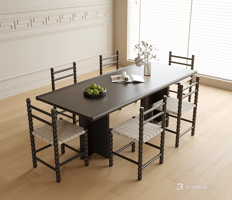 Dining Table and Chair Set Featuring Black Top Woven Seats Green Fruits Book and Vase 3d model 