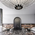 Modern Luxury Sales Office Interior Featuring Arched Doorway Decorative Columns And Marble Flooring