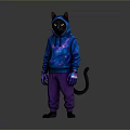 Character Wearing Cat Ear Hat With Starry Blue Hoodie And Purple Pants Tail