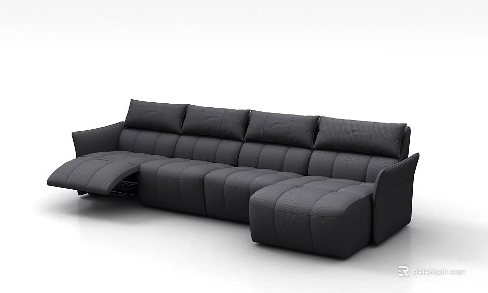 Modern Black Leather L Shaped Sectional Sofa With Reclining Seats And Tufted Backrest 3d model 
