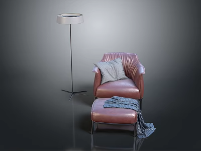 Brown Leather Sofa Stool With Armchair Pillow Blanket And Floor Lamp In Dark Background 3d model