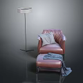 Brown Leather Sofa Stool With Armchair Pillow Blanket And Floor Lamp In Dark Background