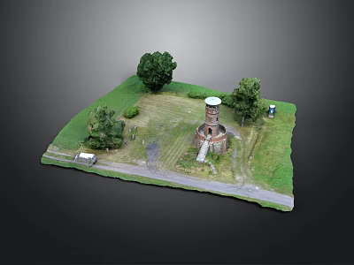 Miniature Scene Model With Green Grass Trees Water Tower Path And Small Truck 3d model