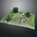 Miniature Scene Model With Green Grass Trees Water Tower Path And Small Truck