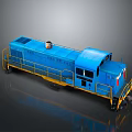Blue Diesel Train Locomotive with Yellow Railings Chimney on Gray Background