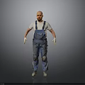 A man wearing blue overalls white T-shirt white gloves and knee pads against gray background