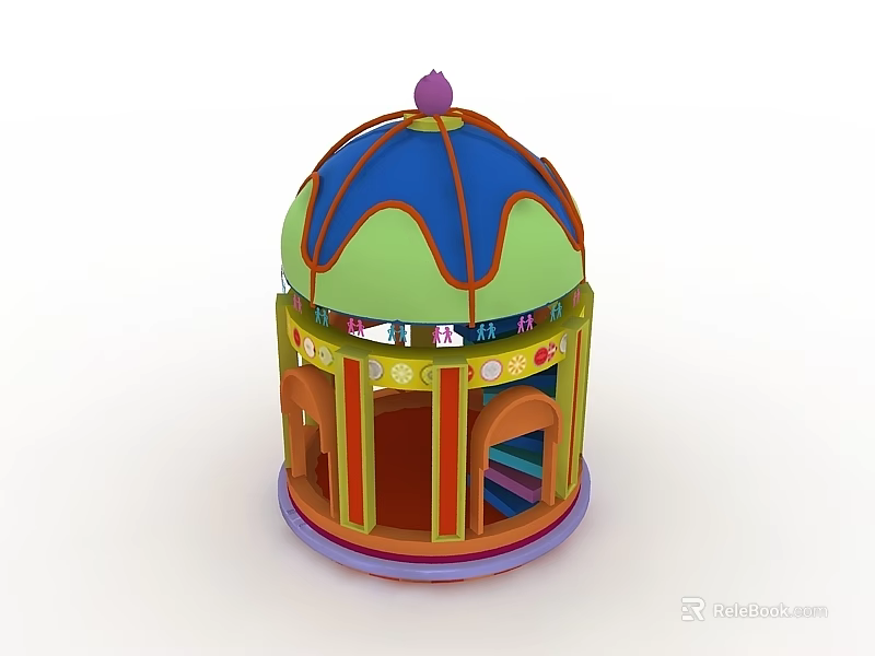 Colorful Carousel Model Featuring Arched Swing Doors And Blue Green Dome 3d model