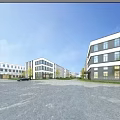 Modern Industrial Factory Buildings With Glass Facades Greenery Trees And Spacious Road