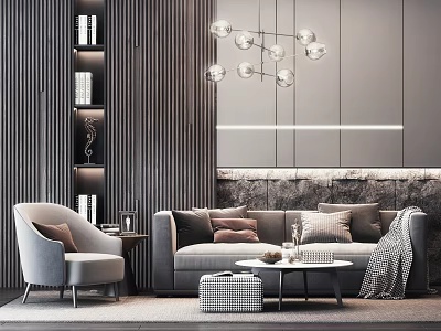 Modern Living Room Sofa and Coffee Table Set With Armchair Plush Pillows and Decorative Chandelier 3d model