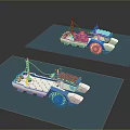 Blue And White Toy Boat Models With Tower Structures And Yellow Parts On Blue Platforms