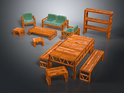 Wooden Sofa And Coffee Table Set With Green Cushions And Matching Furniture Pieces 3d model