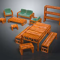 Wooden Sofa And Coffee Table Set With Green Cushions And Matching Furniture Pieces