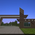Modern Entrance Gate With Geometric Architecture Brick Structure And Green Trees 3d model
