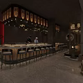 Traditional Restaurant Interior With Bar Counter Bar Stools Hanging Lanterns And Wine Barrel