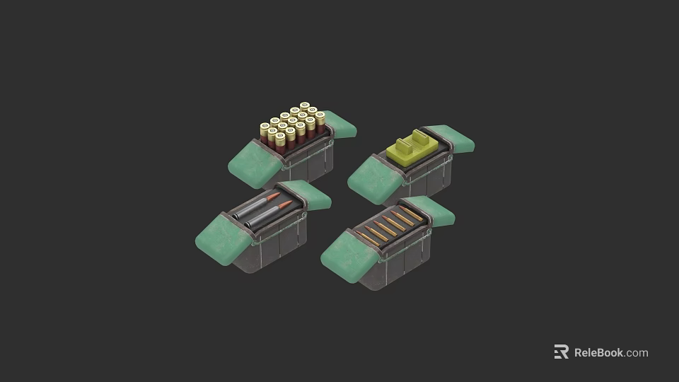 Green Weapon Magazines With Yellow Red And Brown Bullets In Cases 3d model 