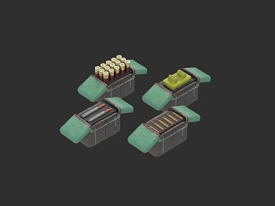 Green Weapon Magazines With Yellow Red And Brown Bullets In Cases 3d model