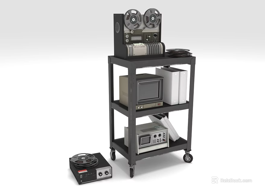 Wheeled Multi Tiered Storage Shelf With Tape Recorders Monitor And File Boxes For Equipment Storage 3d model 