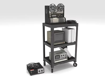 Wheeled Multi Tiered Storage Shelf With Tape Recorders Monitor And File Boxes For Equipment Storage 3d model