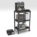 Wheeled Multi Tiered Storage Shelf With Tape Recorders Monitor And File Boxes For Equipment Storage