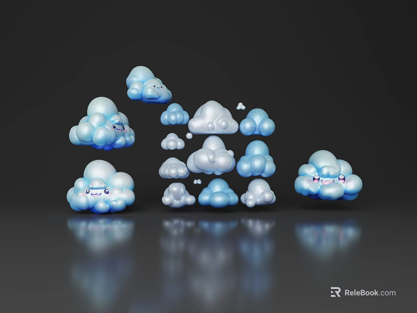 Cloud Shaped Decorative Ornament Set with Blue White Various Sizes Shiny Surface Dark Background Reflections 3d model