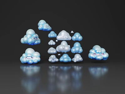 Cloud Shaped Decorative Ornament Set with Blue White Various Sizes Shiny Surface Dark Background Reflections 3d model