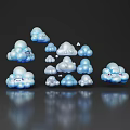 Cloud Shaped Decorative Ornament Set with Blue White Various Sizes Shiny Surface Dark Background Reflections 3d model