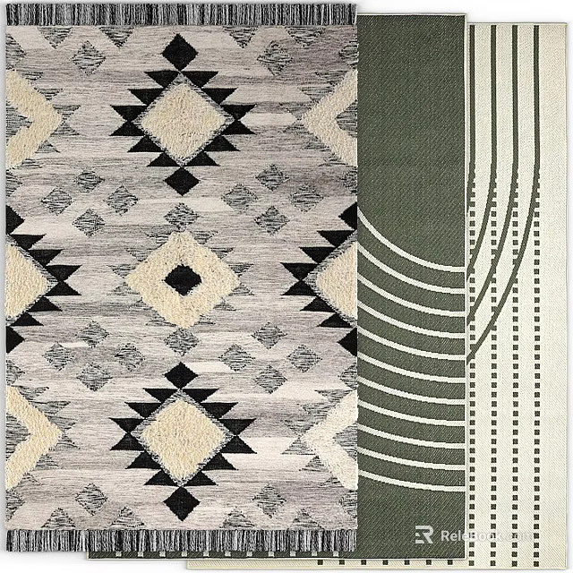 Geometric Square Area Rug Featuring Diamond Triangle Patterns Gray Beige Black Green Stripes And Dots 3d model 
