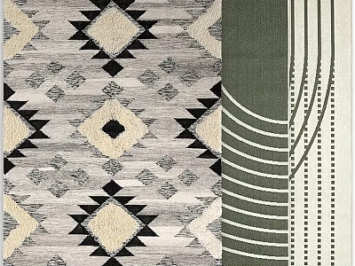 Geometric Square Area Rug Featuring Diamond Triangle Patterns Gray Beige Black Green Stripes And Dots 3d model