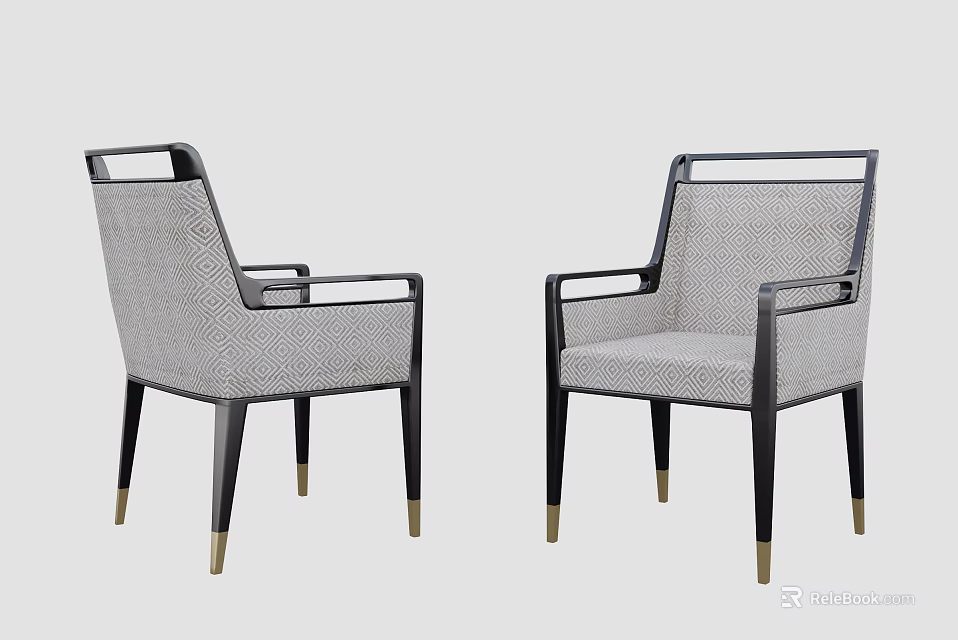 Modern Dining Chairs With Black Frame Armrests And Light Gray Woven Fabric 3d model