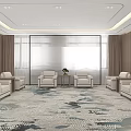 Modern Hotel Public Lounge With Beige Sofas Coffee Tables Large Windows And Patterned Carpet 3d model