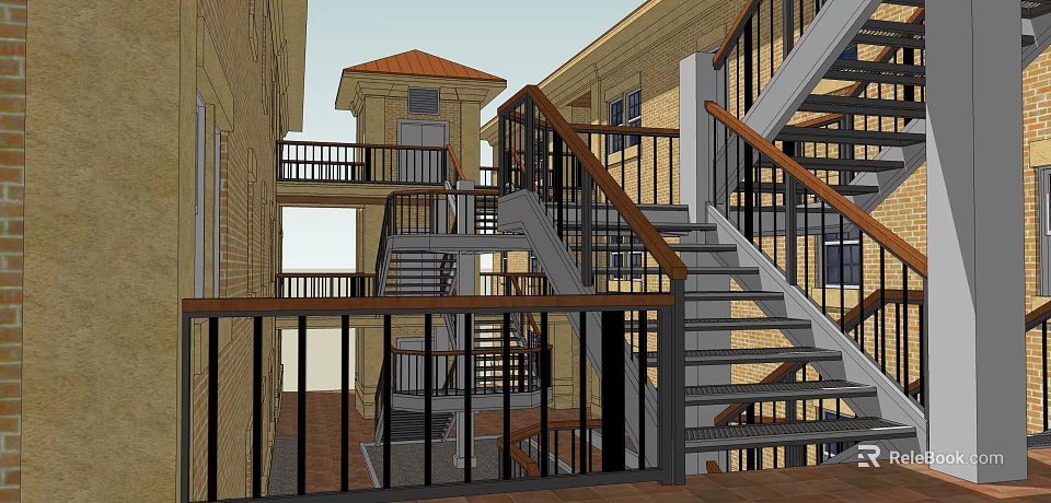 Interior Building Structure Featuring Multi Level Staircase And Brick Balconies With Railings 3d model 