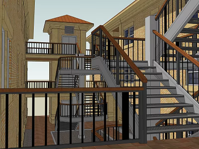 Interior Building Structure Featuring Multi Level Staircase And Brick Balconies With Railings 3d model