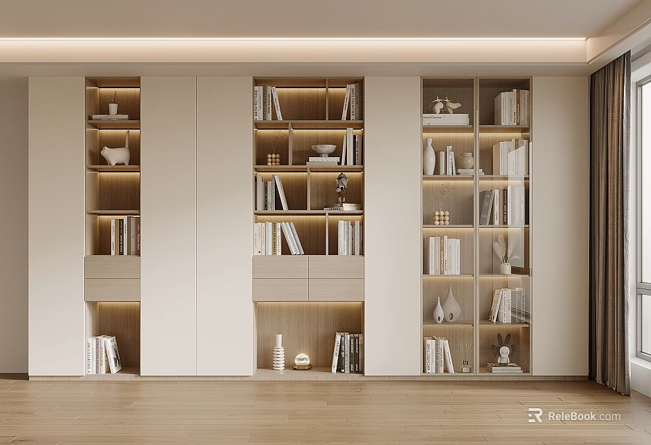 Modern Wooden Bookcase With LED Lighting Shelves Books And Decorative Items 3d model 