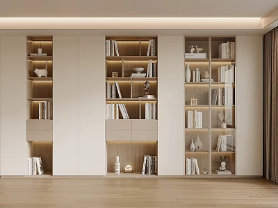 Modern Wooden Bookcase With LED Lighting Shelves Books And Decorative Items 3d model