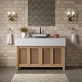 Modern Bathroom With Brick Wall Gold Sconces Wooden Rattan Vanity White Sink And Geometric Rug