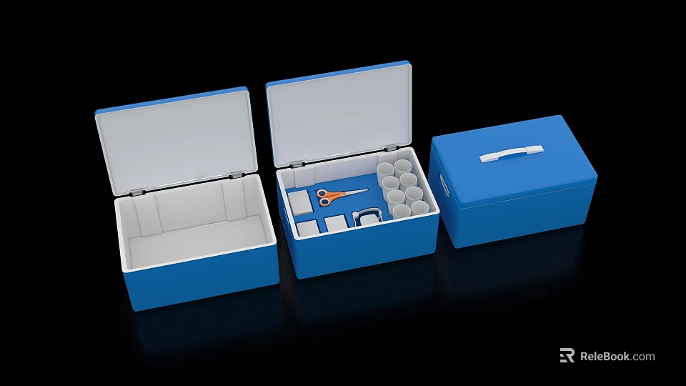 Blue Storage Boxes Open And Closed With Internal Compartments Organized Items And White Strap 3d model 