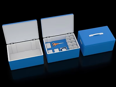 Blue Storage Boxes Open And Closed With Internal Compartments Organized Items And White Strap 3d model