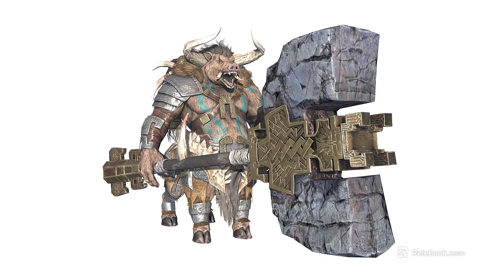 Bull Headed Warrior Game Movie Character With Tribal Armor And Large Hammer Stone Shield 3d model 