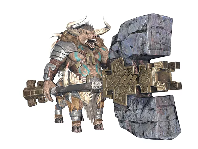 Bull Headed Warrior Game Movie Character With Tribal Armor And Large Hammer Stone Shield 3d model