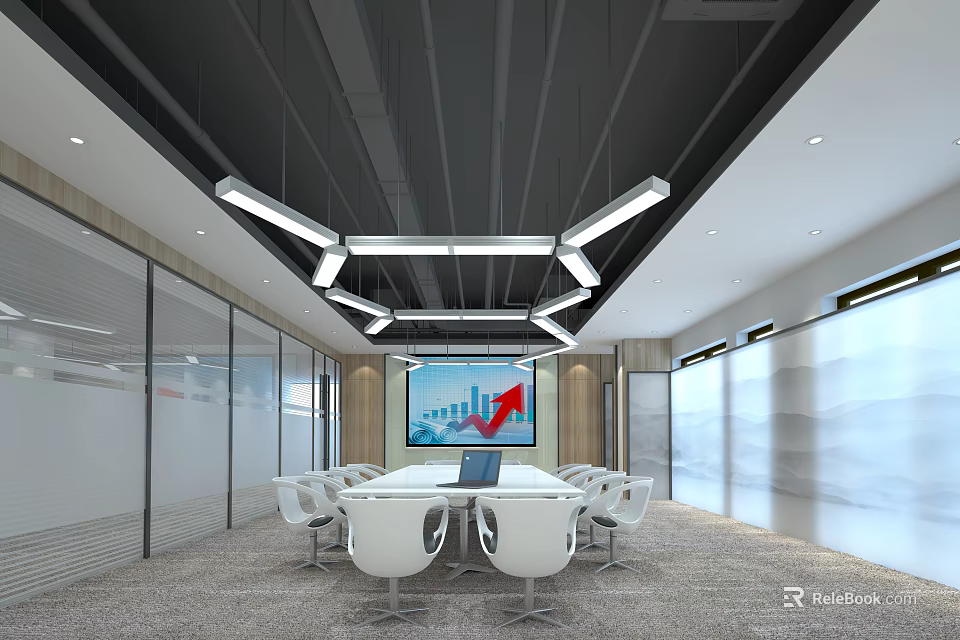 Modern Conference Room Interior With Meeting Table White Chairs Large Screen And Glass Partitions 3d model 