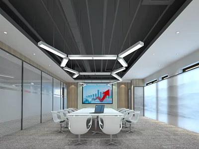 Modern Conference Room Interior With Meeting Table White Chairs Large Screen And Glass Partitions 3d model