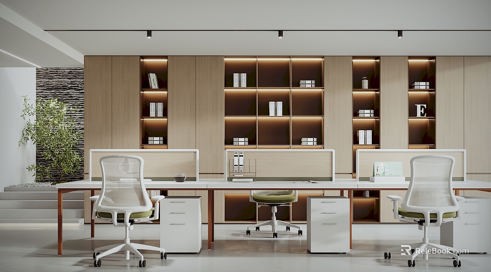 Modern Public Office Space With Ergonomic Chairs Wooden Bookshelves And Potted Plants 3d model 