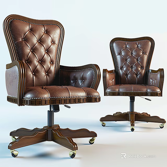 Brown Leather Tufted Office Chair with Armrests Wooden Frame and Wheeled Base 3d model 