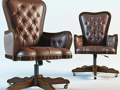 Brown Leather Tufted Office Chair with Armrests Wooden Frame and Wheeled Base 3d model