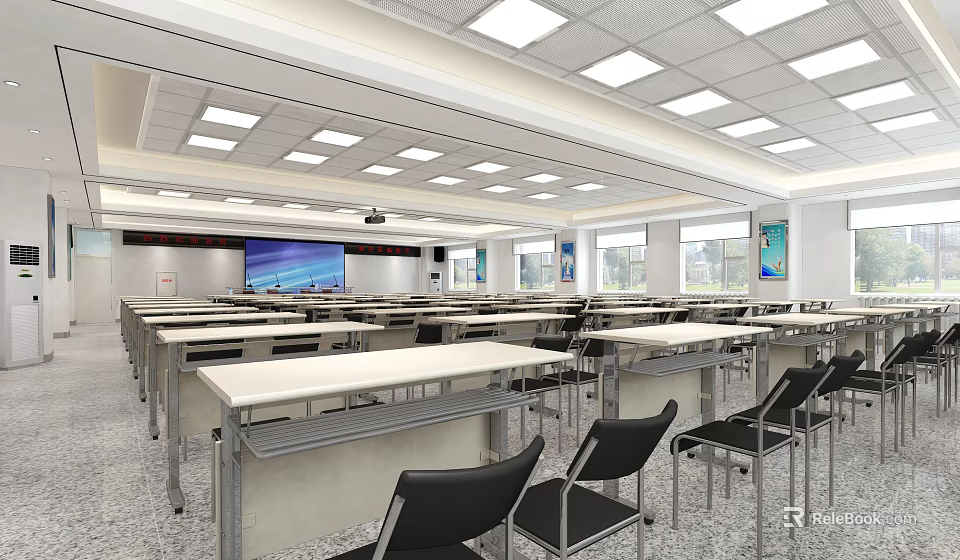 Spacious Conference Room Interior With Well Lit Ceiling Tables Chairs And Large Screen 3d model 