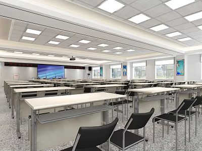 Spacious Conference Room Interior With Well Lit Ceiling Tables Chairs And Large Screen 3d model