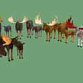 Group of Moose with Various Sizes Different Colors and Yellow Dark Antlers on Green Background