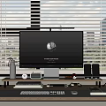 Modern Office Desk Setup With Essential Office Appliances Monitor Microphone Speakers And Webcam